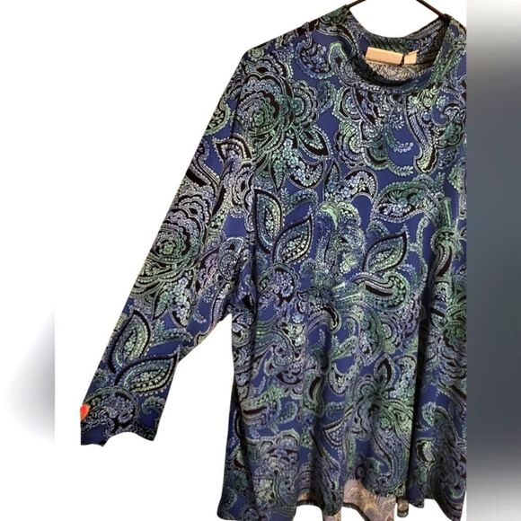 Susan Graver Liquid Knit Mock Collar Blue Green Tunic Blouse, Plus Size 3X - Picture 3 of 9